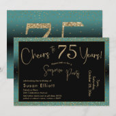 応援から75年間のサプライズ誕生日ティール（緑がかった色）と金ゴールド 招待状 (正面/裏面)
