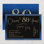 応援から80年サプライズ誕生日金ゴールドとブルー 招待状 (正面/裏面)