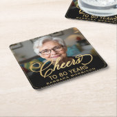 応援から80年誕生日フォト金ゴールドブラック スクエアペーパーコースター (アングル)