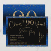 応援から90年サプライズ誕生日金ゴールドとブルー 招待状 (正面/裏面)