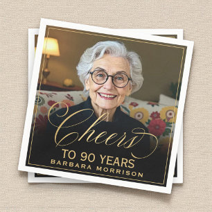 応援から90年誕生日フォト金ゴールドブラック スタンダードカクテルナプキン
