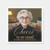 応援から90年誕生日フォト金ゴールドブラック スタンダードカクテルナプキン (正面)