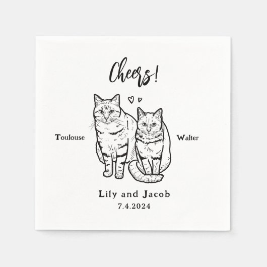 応援かわいい2猫スケッチパーソナライズされたペット スタンダードカクテルナプキン (正面)