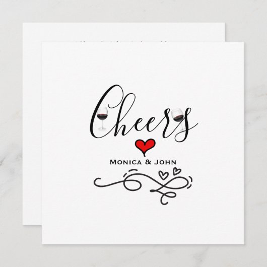 応援がワイングラスミニマリストに乾杯するハート 招待状 (正面/裏面)