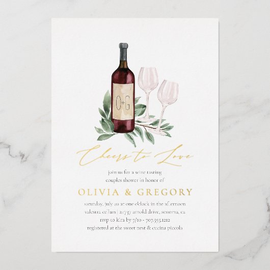 応援でワインを愛するカップルのシャワー 箔招待状 (正面)