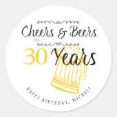 応援とビールから30歳のタイポグラフィ誕生日 ラウンドシール (正面)