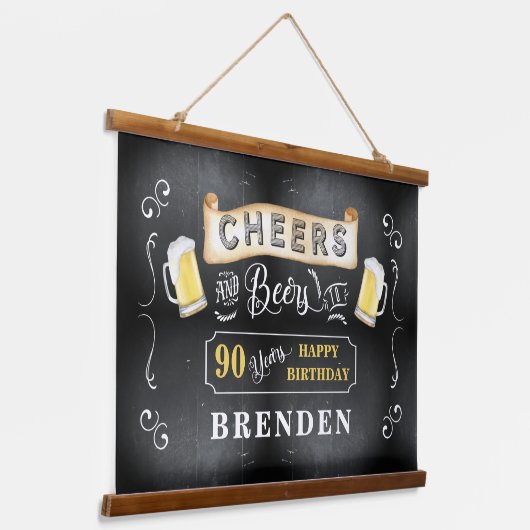 応援とビールから90年の誕生日パーティー 吊り下げ型タペストリー (傾斜あり)