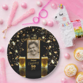 応援とビールの写真名年齢ブラック+金ゴールドスター ペーパープレート (パーティー)