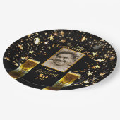 応援とビールの写真名年齢ブラック+金ゴールドスター ペーパープレート (アングル)