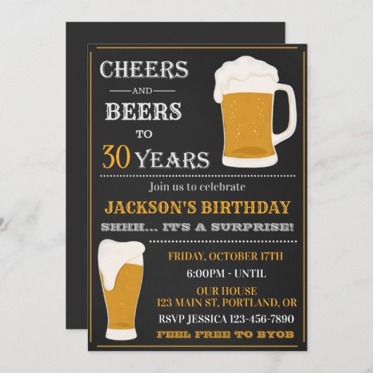 応援とビールの招待アダルトバースデーパーティー 招待状 (正面/裏面)