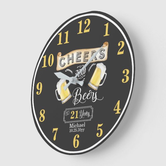 応援とビールの21年間誕生日 ラージ壁時計 (傾斜)