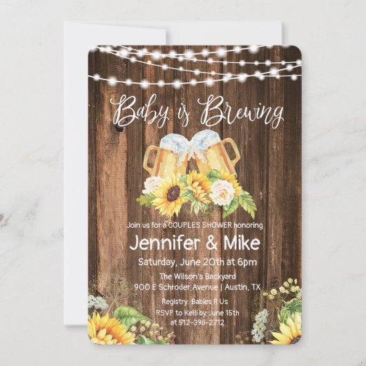 応援とビール素朴カップルのシャワー 招待状 (正面)