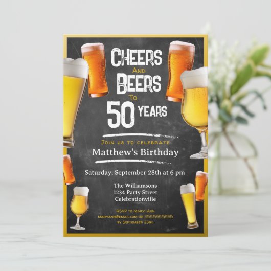 応援とビール誕生日パーティブラックと金ゴールドinv 招待状 (スタンド正面)