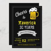 応援とビール30年誕生日ブラックダークグレー 招待状 (正面/裏面)