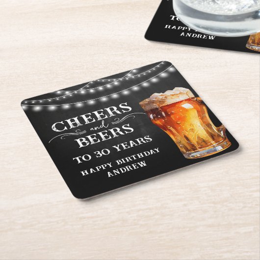 応援とビール30th誕生日紙コースター スクエアペーパーコースター (アングル)