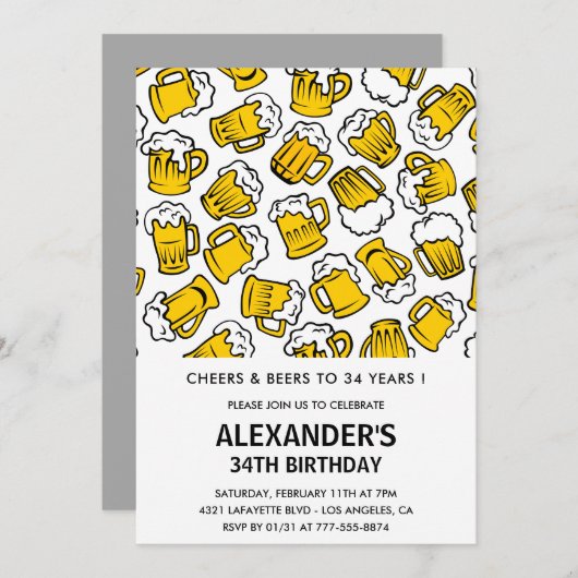 応援とビール34th誕生日招待状男性 招待状 (正面/裏面)