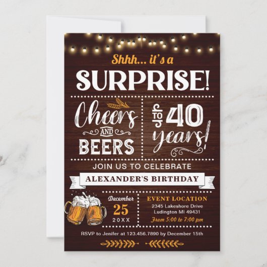 応援とビール40歳の誕生日素朴 招待状 (正面)