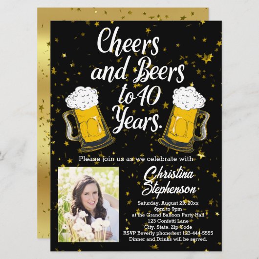 応援とビール40歳40歳の誕生日の写真 招待状 (正面/裏面)