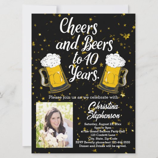 応援とビール40歳40歳の誕生日の写真 招待状 (正面)