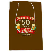 応援とビール50年のハッピーバースデー名 ミディアムペーパーバッグ (正面)