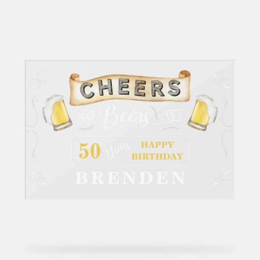 応援とビール50歳の誕生日パーティー アクリルサイン (正面)