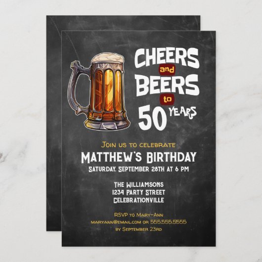 応援とビール50歳の誕生日素朴パーティー 招待状 (正面/裏面)