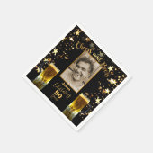 応援とビール50誕生日ブラック+金ゴールド星 スタンダードカクテルナプキン (角)