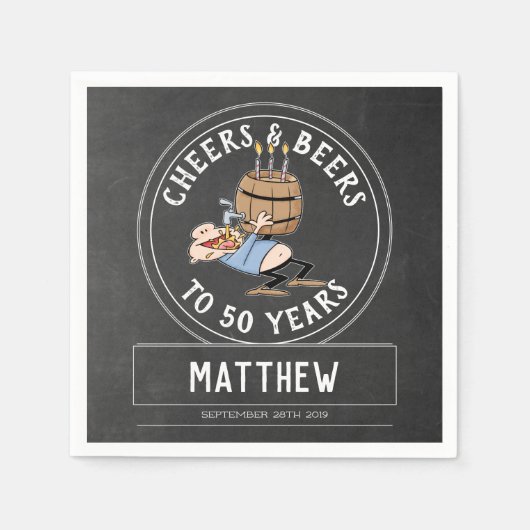 応援とビール50誕生日白黒 スタンダードカクテルナプキン (正面)