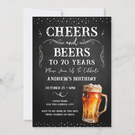 応援とビール70th誕生日Chalkboard Invitati 招待状 (正面)