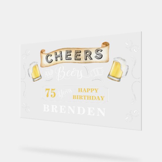 応援とビール75歳の誕生日パーティー アクリルサイン (傾斜)