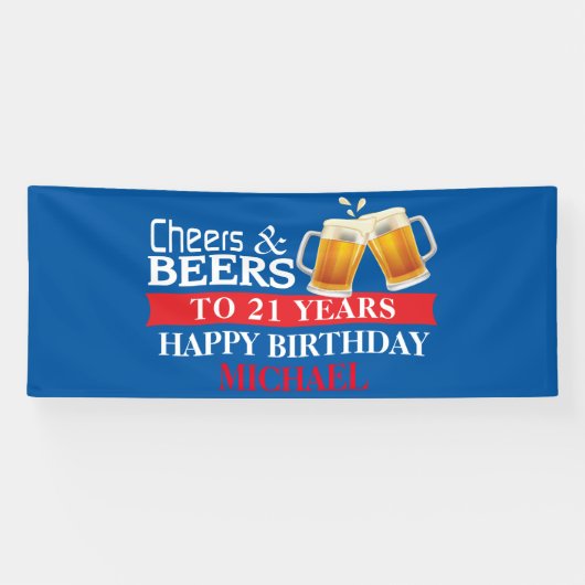 応援とビールHappy 21st誕生日Red and Blue 横断幕 (横)