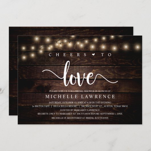 応援と愛、素朴ブライダルシャワーお祝い 招待状 (正面/裏面)