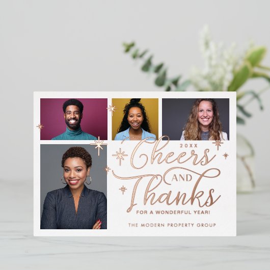 応援と感謝していスクリプトのビジネスチーム4枚の写真 箔シーズンカード (立ち正面)