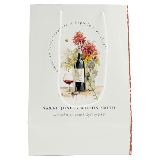 応援に愛するワインレッドイエローフローラ結婚 ミディアムペーパーバッグ (裏面)