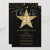 応援に黒と金ゴールド星の退職パーティー 招待状 (正面/裏面)