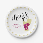 応援のモダンな明けましておめでとうのワインおよび金ゴールドの点 ペーパープレート (正面)