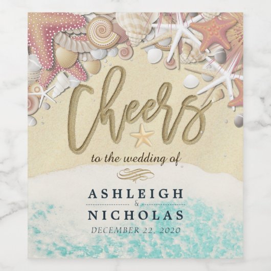 応援の夏の結婚砂のビーチヒトデ ワインラベル (シングルラベル)