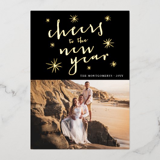 応援の新年のスターバストFireworksの写真 箔シーズンカード (正面)