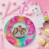 応援の新年のタイダイティール（緑がかった色）写真70s Vibe ペーパープレート (パーティー)