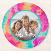 応援の新年のタイダイティール（緑がかった色）写真70s Vibe ラウンドペーパーコースター (正面)