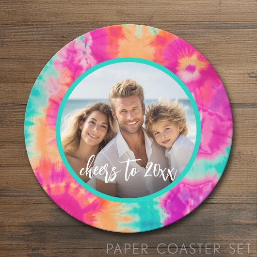 応援の新年のタイダイティール（緑がかった色）写真70s Vibe ラウンドペーパーコースター