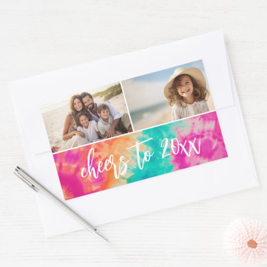 応援の新年のタイダイティール(緑がかった色)写真70s Vibe 長方形シール (封筒)