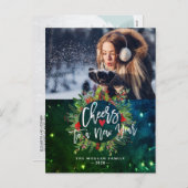 応援の新年のホリーリースグリーティングフォト シーズンポストカード (正面/裏面)