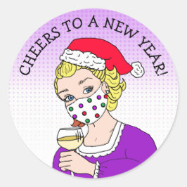 応援の新年，フェイスマスクのレトロレディ ラウンドシール