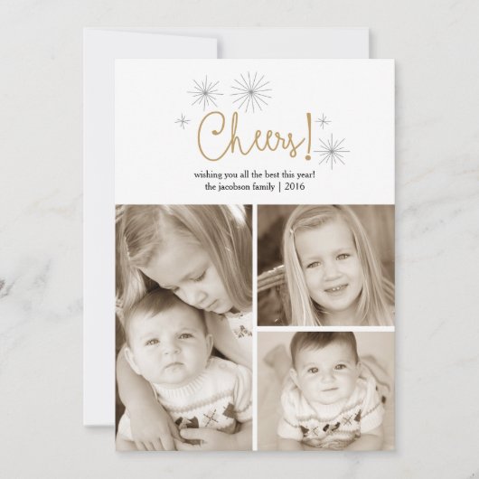 応援の明けましておめでとうの金ゴールドの花火の写真カード シーズンカード (正面)