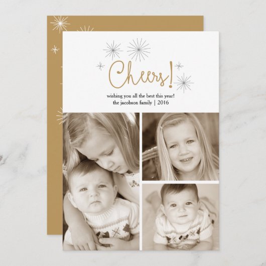 応援の明けましておめでとうの金ゴールドの花火の写真カード シーズンカード (正面/裏面)