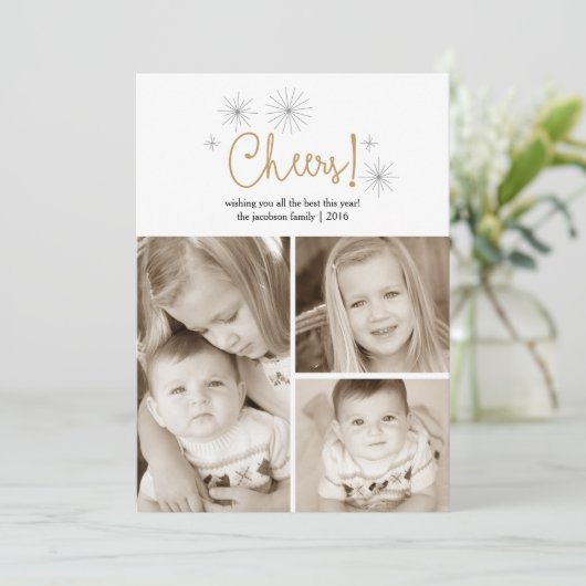 応援の明けましておめでとうの金ゴールドの花火の写真カード シーズンカード (スタンド正面)