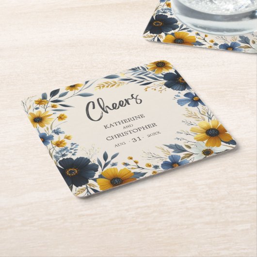 応援の水彩ワイルドフラワーエレガントベージュ結婚ズ スクエアペーパーコースター (アングル)