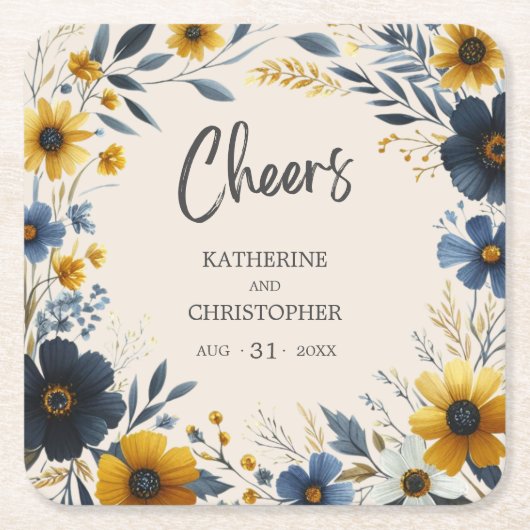 応援の水彩ワイルドフラワーエレガントベージュ結婚ズ スクエアペーパーコースター (正面)