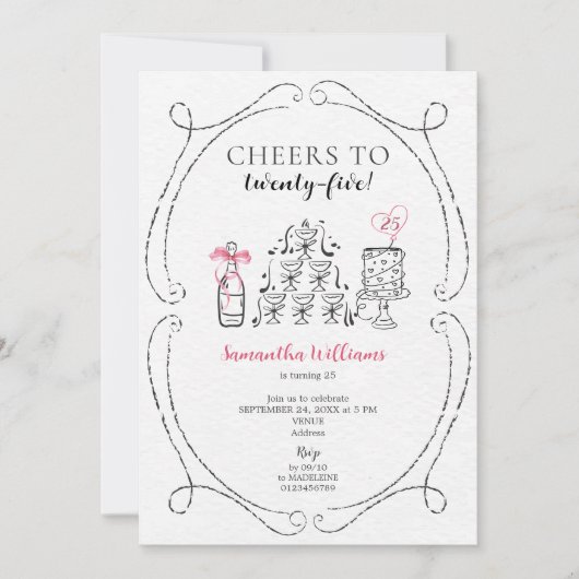 応援の誕生日ガールバーブリーシャンパンタワー 招待状 (正面)